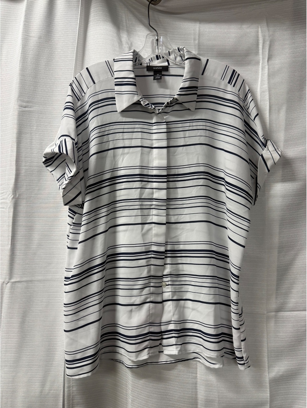 Alfani Women's Short Sleeve Button-Up Shirt Size 14 White with Navy Stripes